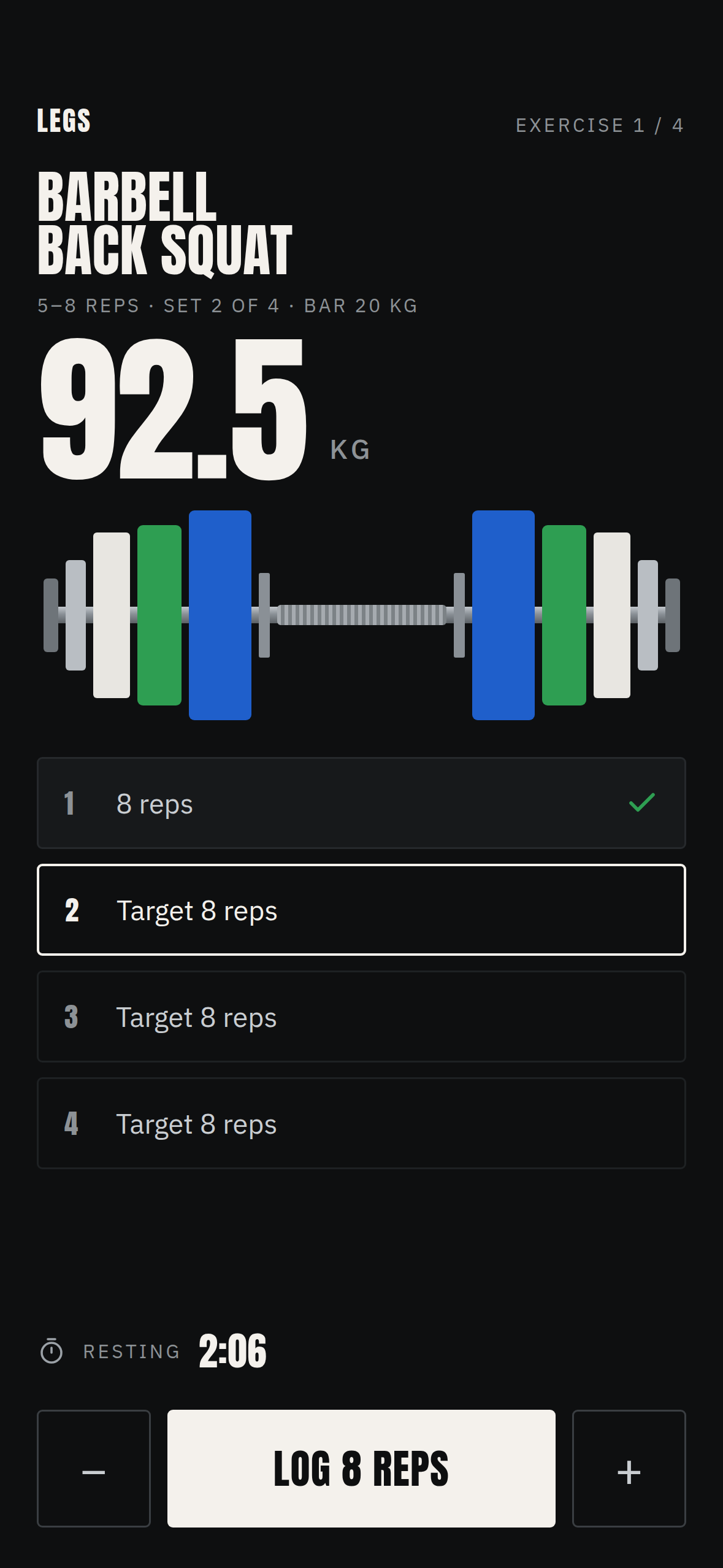 Logging screen: a set being logged with the loaded bar drawn under the weight.