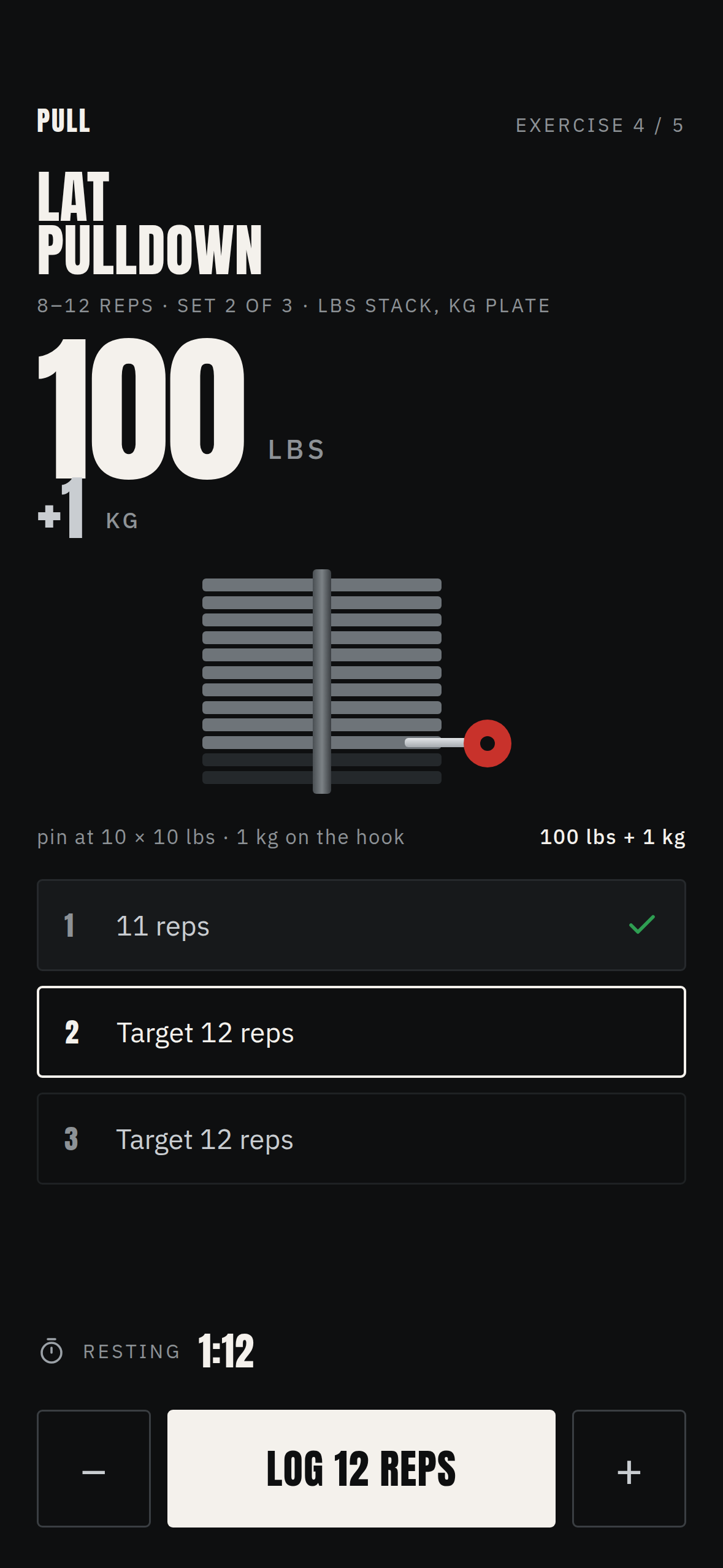 Mixed units screen: a kg barbell and an lbs stack machine in the same workout day.