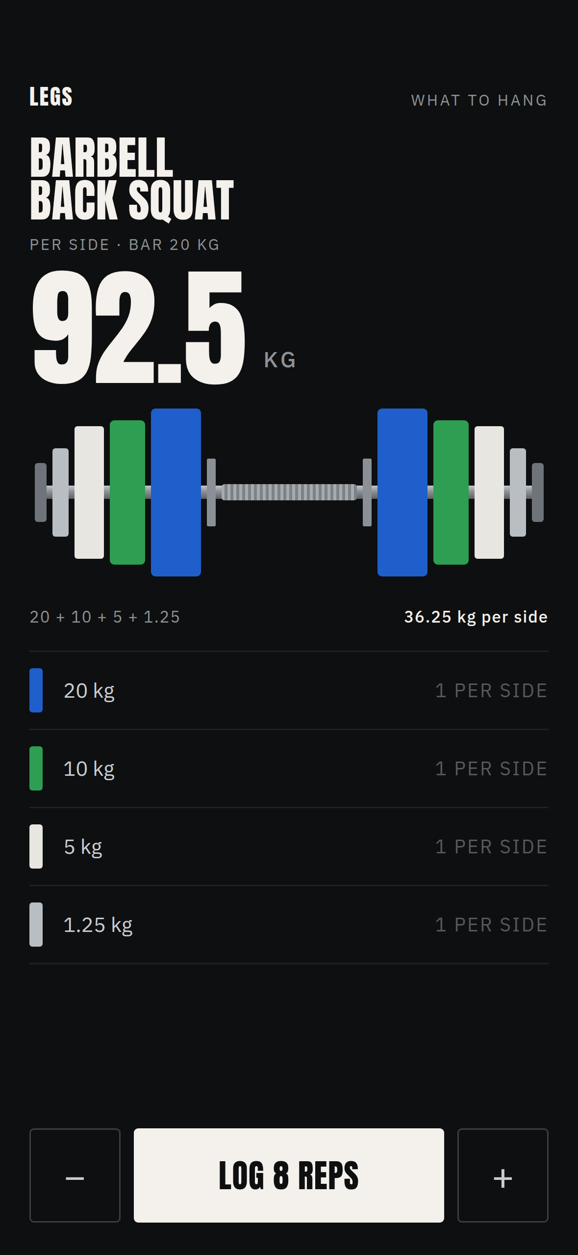 Plates screen: the plate inventory with each size switched on or off.